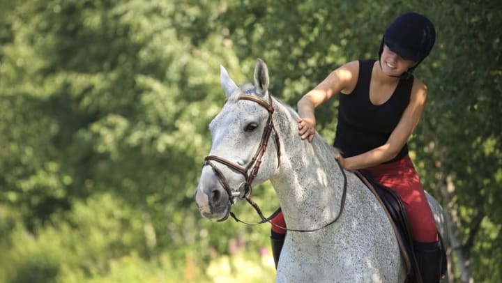 A woman petting her horse as she rides along a forest trail. │ horseback riding in Sachse
