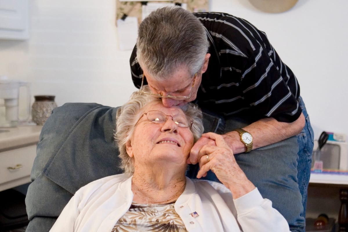 A resident and caregiver at Parsons House La Porte in La Porte, Texas