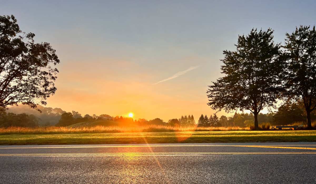 Sunrise over a grassy field with trees and a clear sky at Arlington Terrace in London, Kentucky