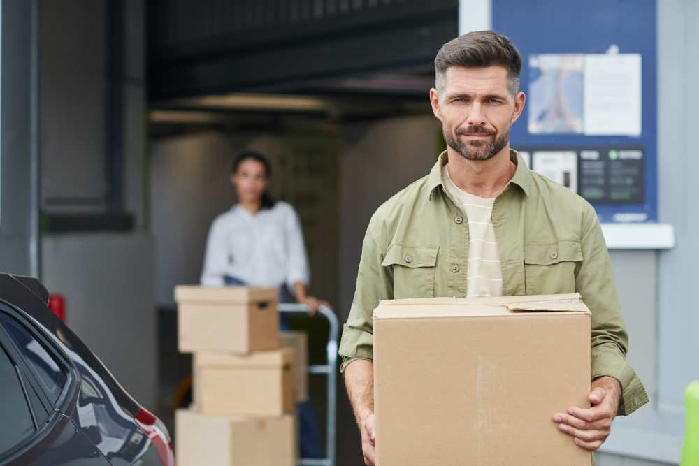 Residents holding storage boxes at Affordable Storage in Independence, Oregon