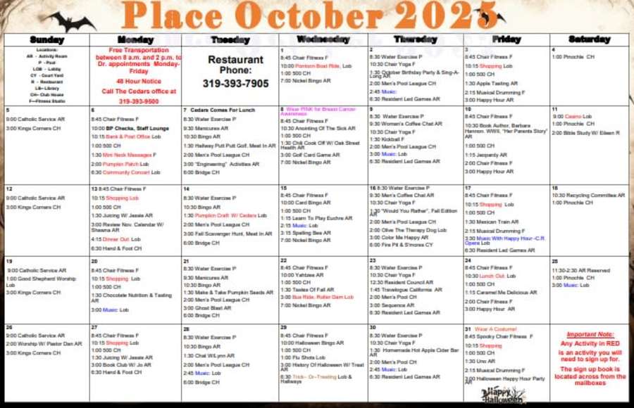 Independent Living Calendar calendar from The Keystones of Cedar Rapids in Cedar Rapids, Iowa 