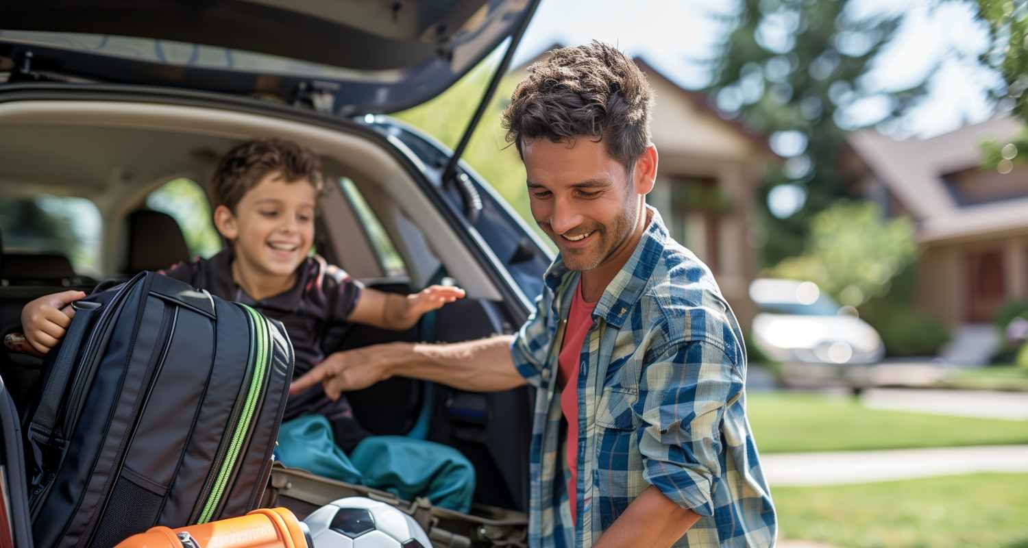 Dad and son packing trunk for a trip with soccer ball Tapestry Homes in Hickory, North Carolina
