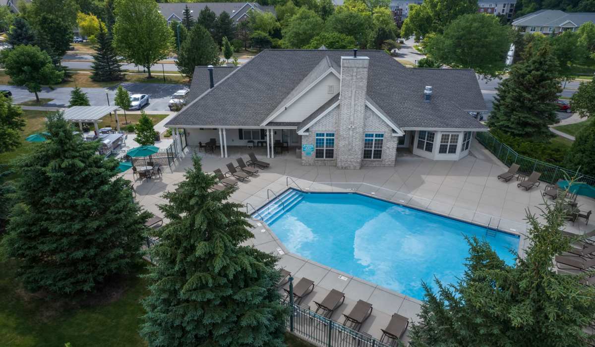 Swimming pool drone view at Deer Creek in Middleton, Wisconsin     