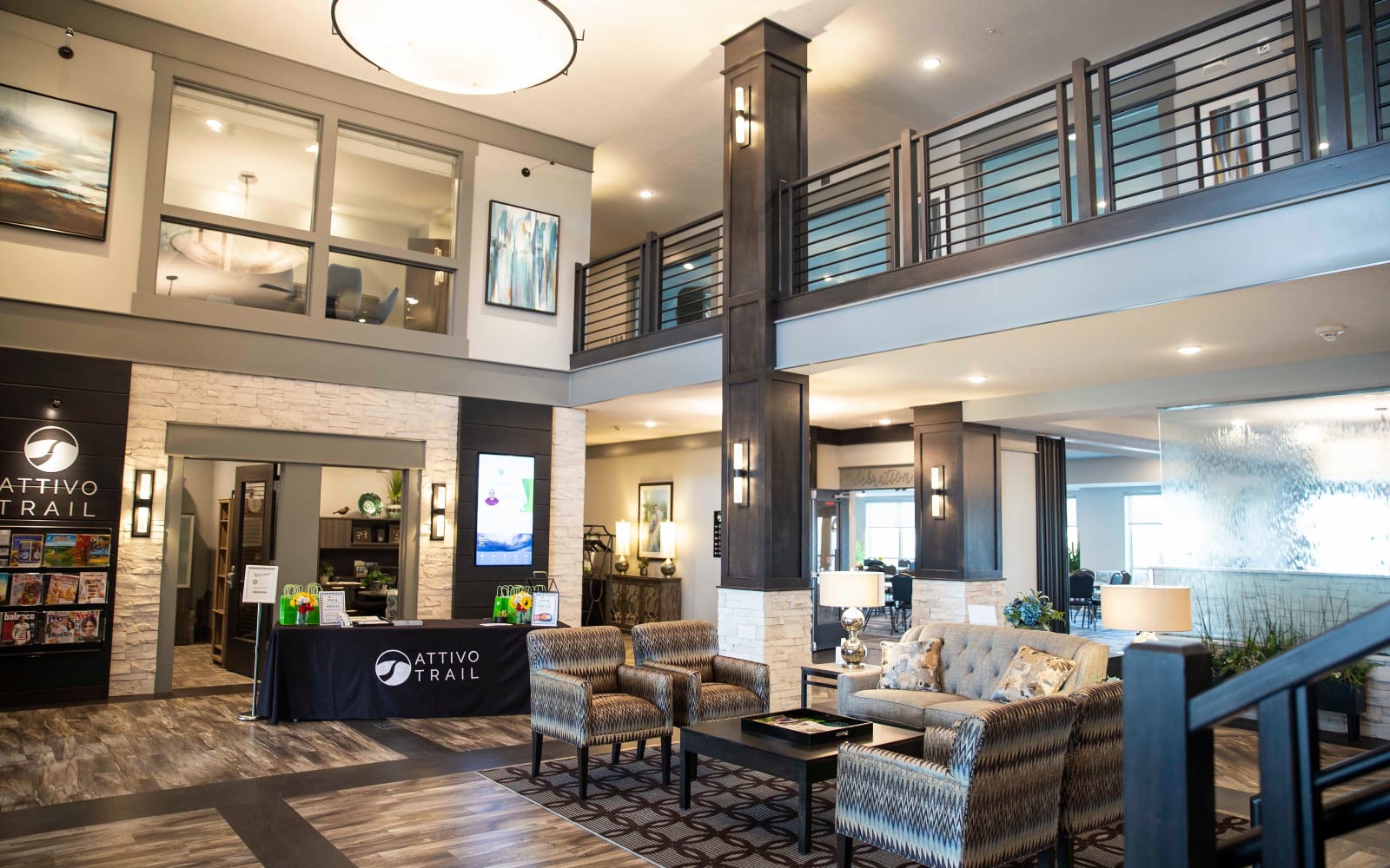 Comfortable seating in the community clubhouse at Attivo Trail in Waukee, Iowa