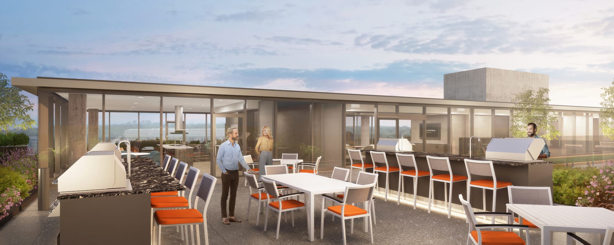 Deck top seating with orange chairs at Optima Verdana™ in Wilmette, Illinois