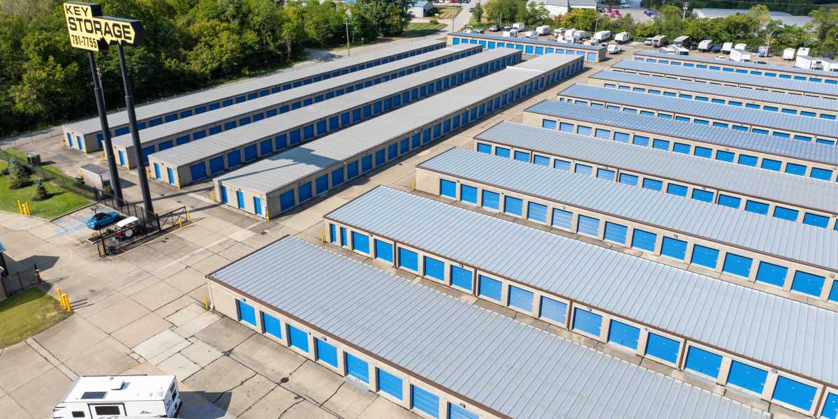 Row of self-storage units atKey Storage in Wilder, Kentucky