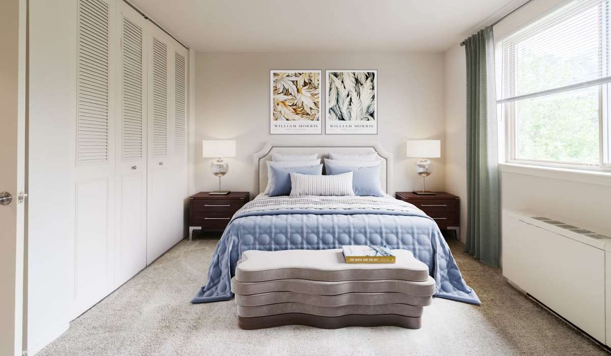 Styled bedroom at Three Chopt West Apartments in Henrico, Virginia