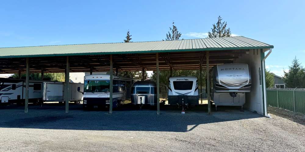 RV parked in covered storage at Brush Prairie RV Storage in Vancouver, Washington