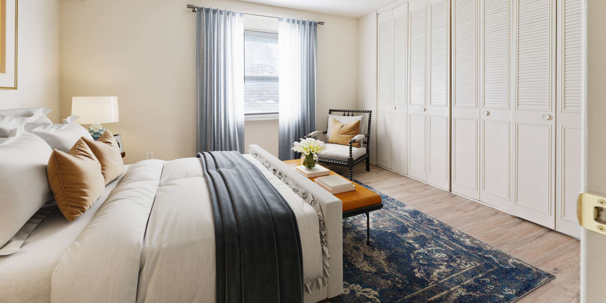 comfy modern bedroom at Misty Pines Apartments located in Ashland, Virginia