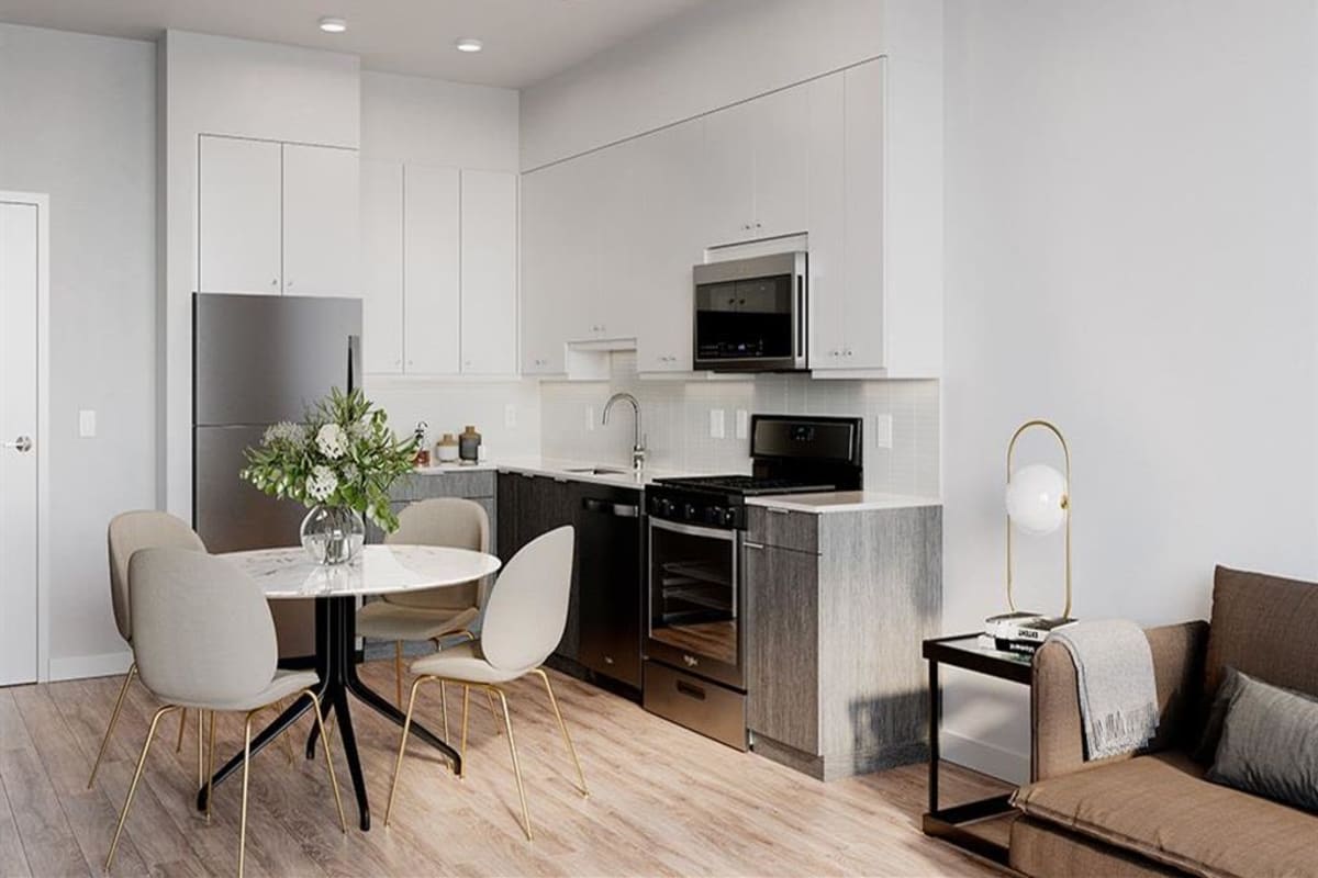 Wood-style flooring in an apartment at S'PARK Apartments in Boulder, Colorado