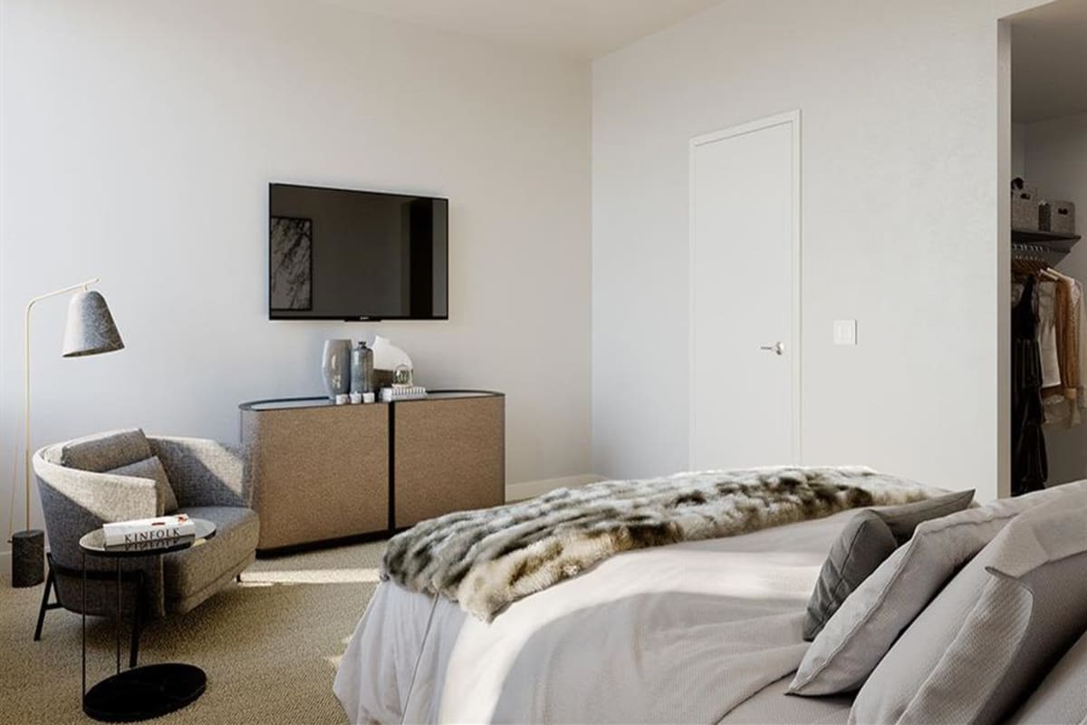 Sunny furnished bedroom at S'PARK Apartments in Boulder, Colorado
