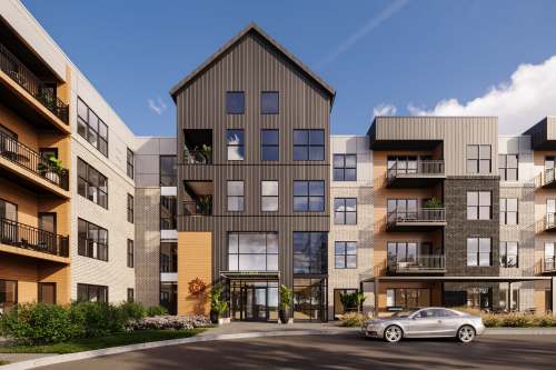 Exterior view of cooperative apartment building at Estoria Cooperatives in Edina, Minnesota