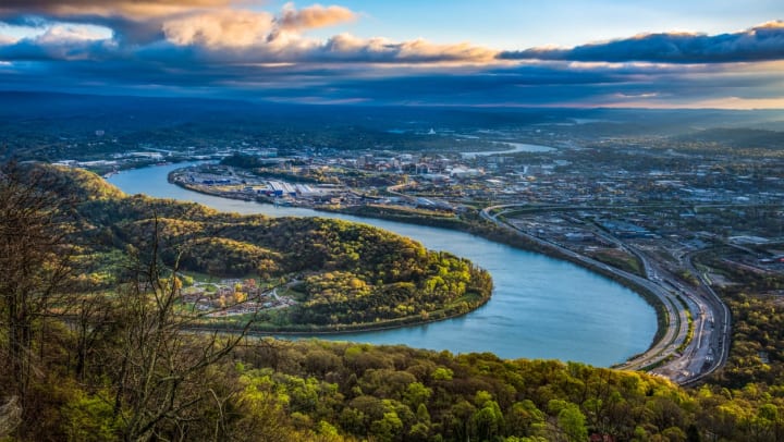 Overlooking a town next to a river