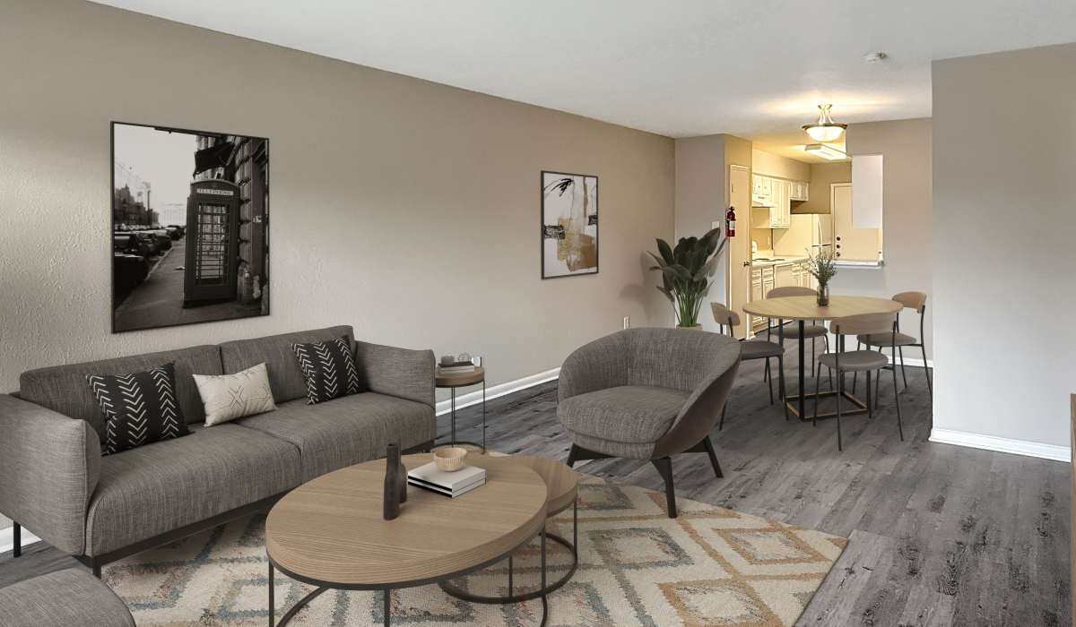 Living room with built-in shelves at Morgan Manor in Houston, Texas