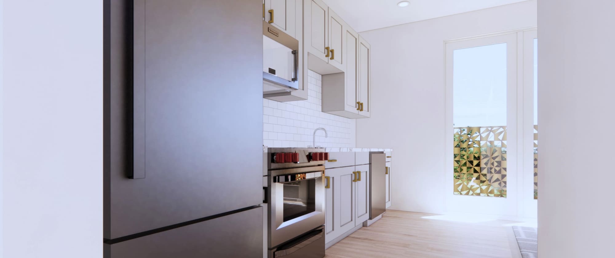Kitchen with sleek appliances at Factory 52 Apartments in Norwood, Ohio