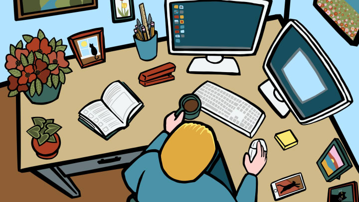 cartoon image of a person working from home at a desk