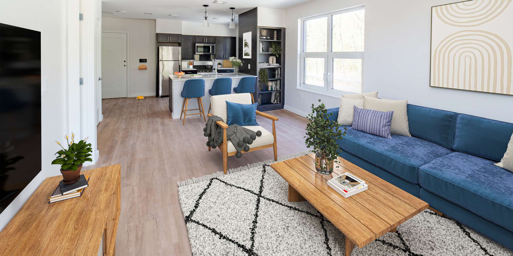 Combined view of living room and kitchen at Affordable Housing and Services Collaborative in Braintree, Massachusetts
