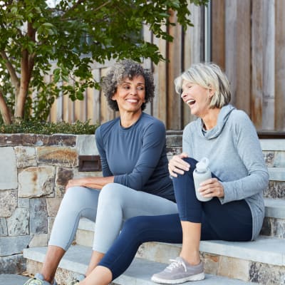 Residents having a laugh on their steps after going for a jog in the neighborhood at Sofi at Somerset in Bellevue, Washington