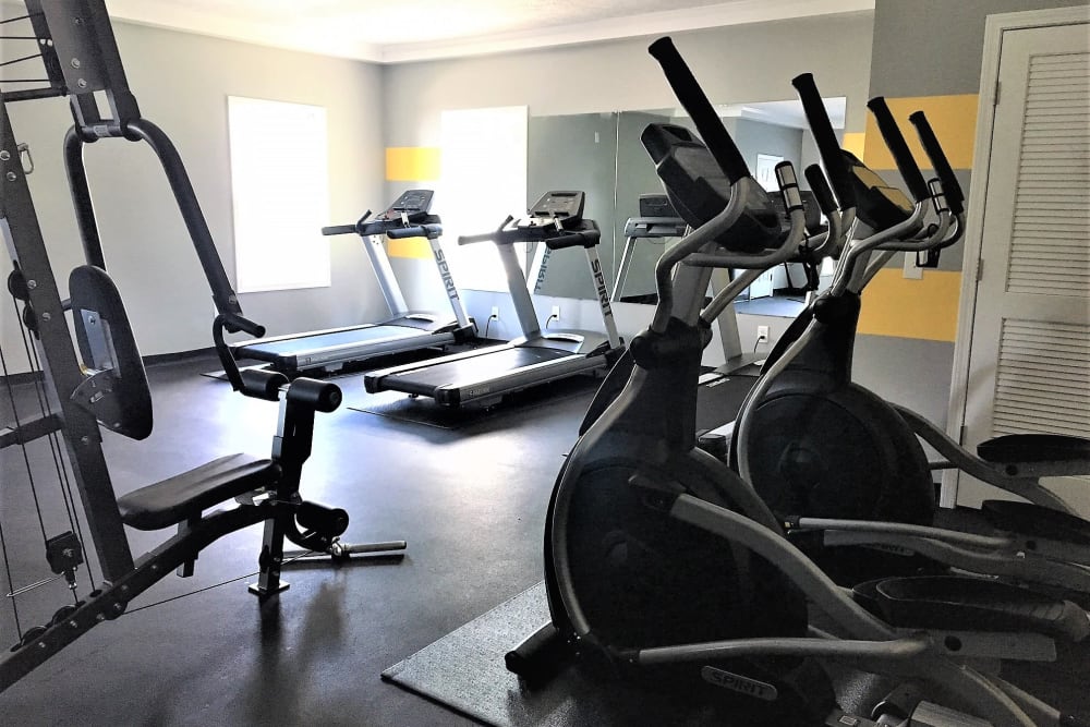 Large fitness center at The Village at Crestview Apartments in Madison, Tennessee