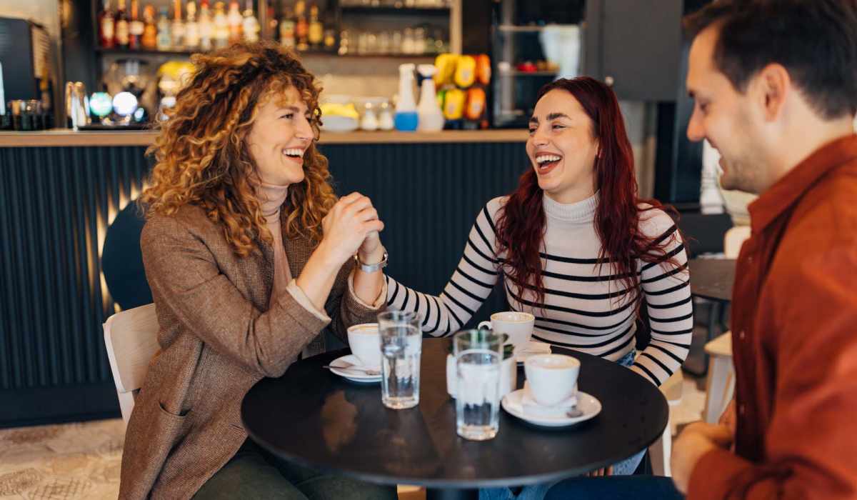 Friends with having coffee nearby Lakeview in Fort Worth, Texas