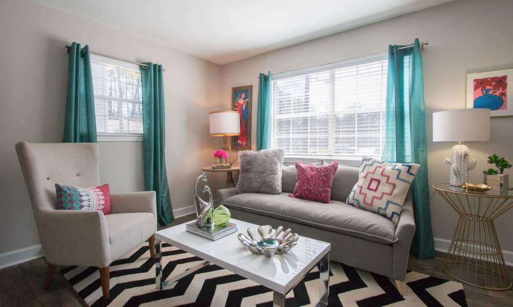 Model living space with large rug Avonlea Westside in Atlanta, Georgia