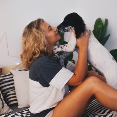 Resident playing with her dog on the bed at Terra Apartment Homes in Federal Way, Washington