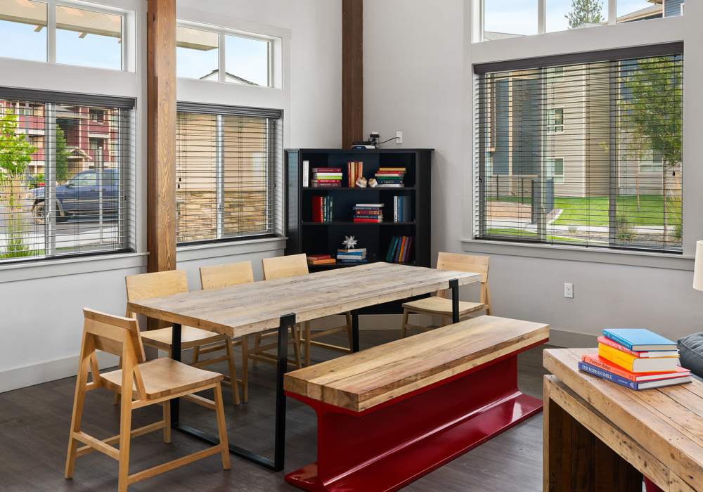 Clubhouse with bookshelf at Copper River in Spokane, Washington