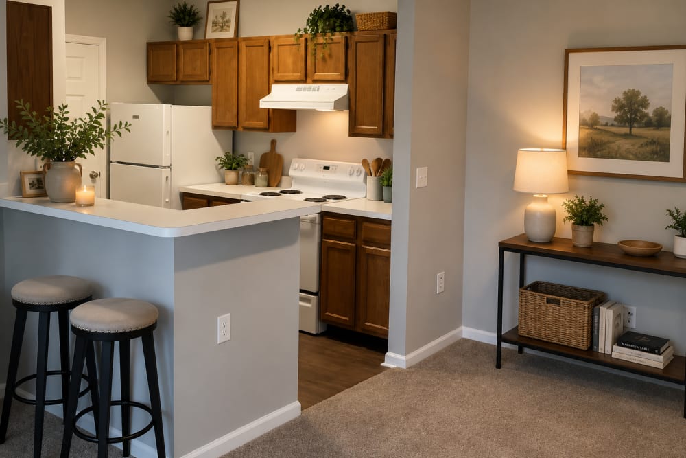 Open kitchen unit with plush carpeting in dining room at Greenwood, Indiana