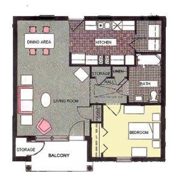 One bedroom floor plan at Wesley Park, a Methodist Homes of Alabama & Northwest Florida community. 