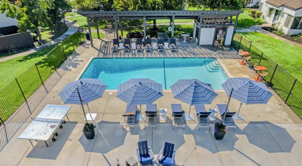 Patio furniture and pool at Mariposa Fremont in Fremont, California