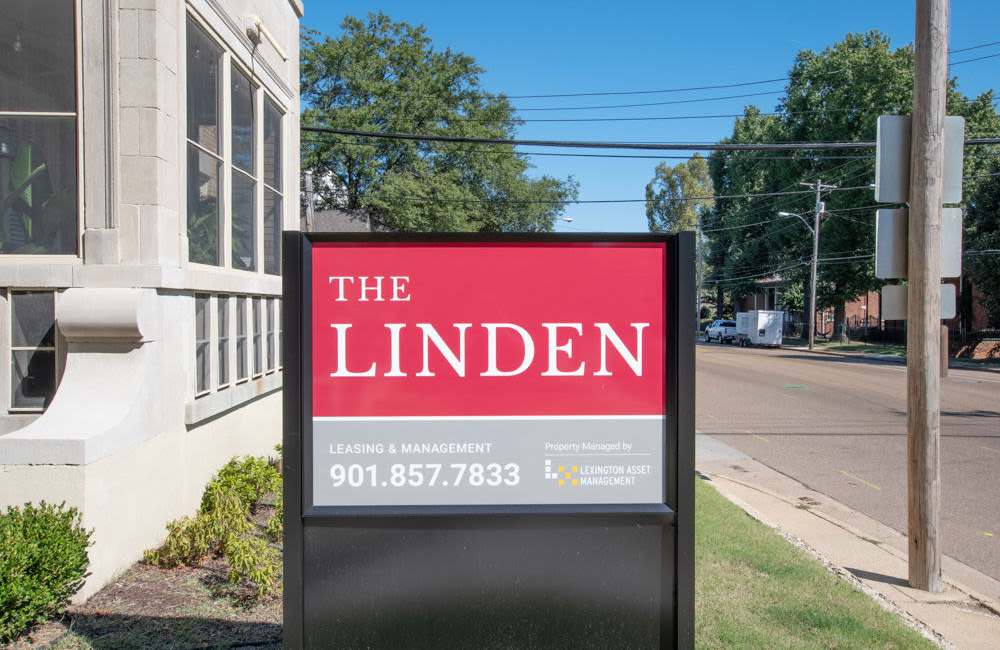 Front entrance sign at The Linden in Memphis, Tennessee