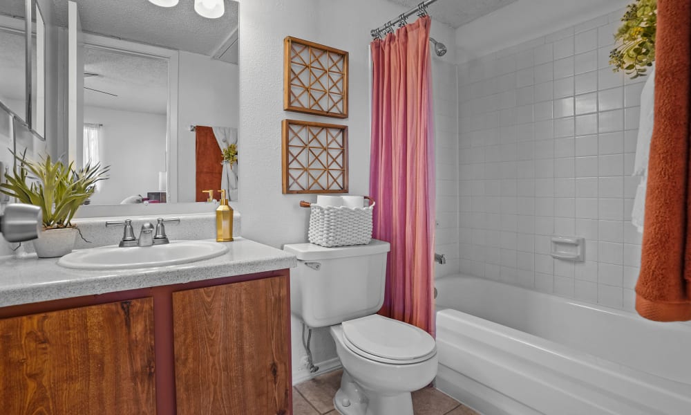 Spacious and clean model bathroom at Double Tree Apartments in El Paso, Texas