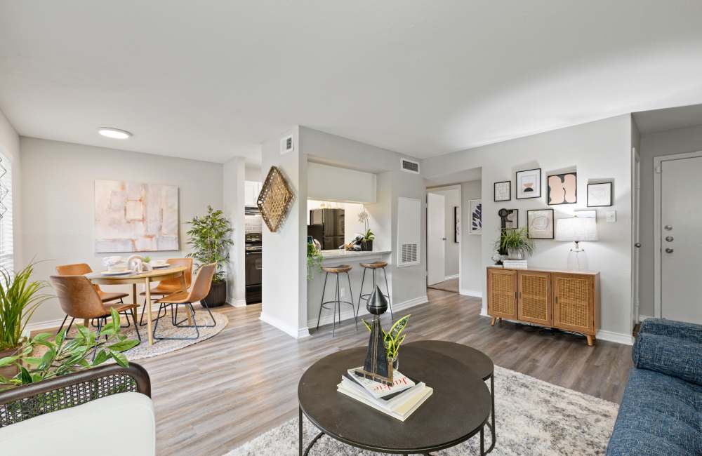 Spacious living room with couch and coffee table at Northside Heights in Conroe, Texas