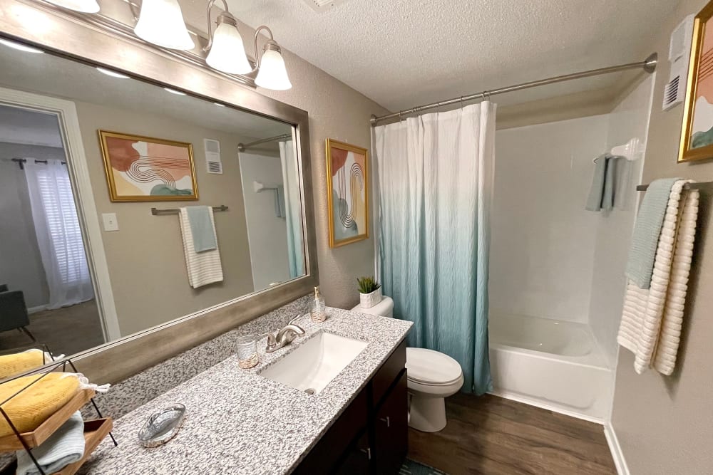 Bathroom in an apartment at The Abbey at Willowbrook in Houston, Texas