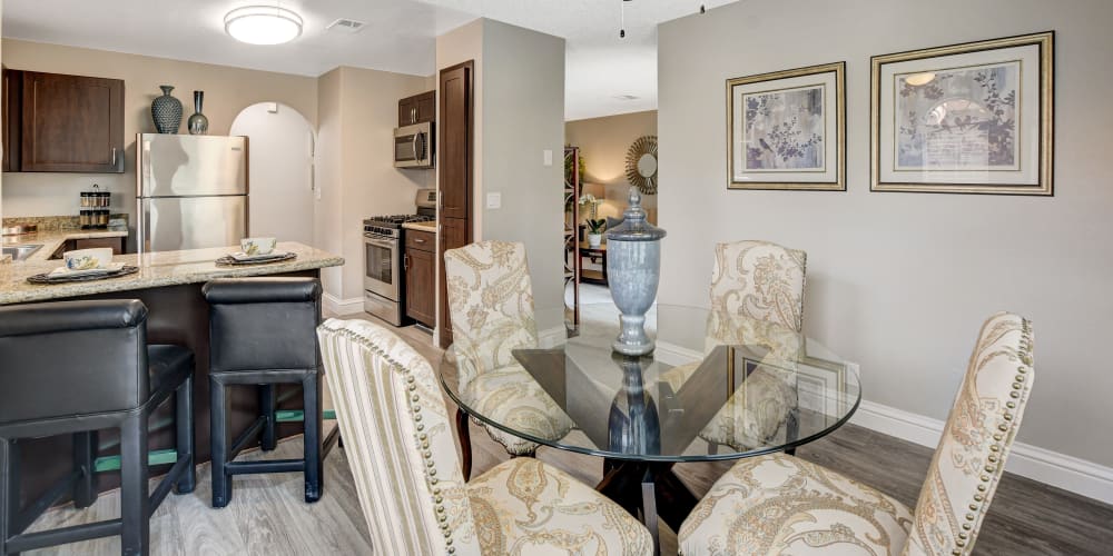Dining area in a model apartment at Artisan Apartments in Las Vegas, Nevada