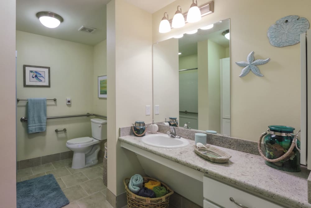 An apartment bathroom at The Village of the Heights in Houston, Texas