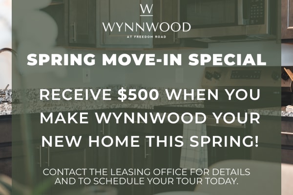 Receive $500 when you make Wynnwood your new home this spring!  Contact the Leasing Office to Schedule your tour today!
