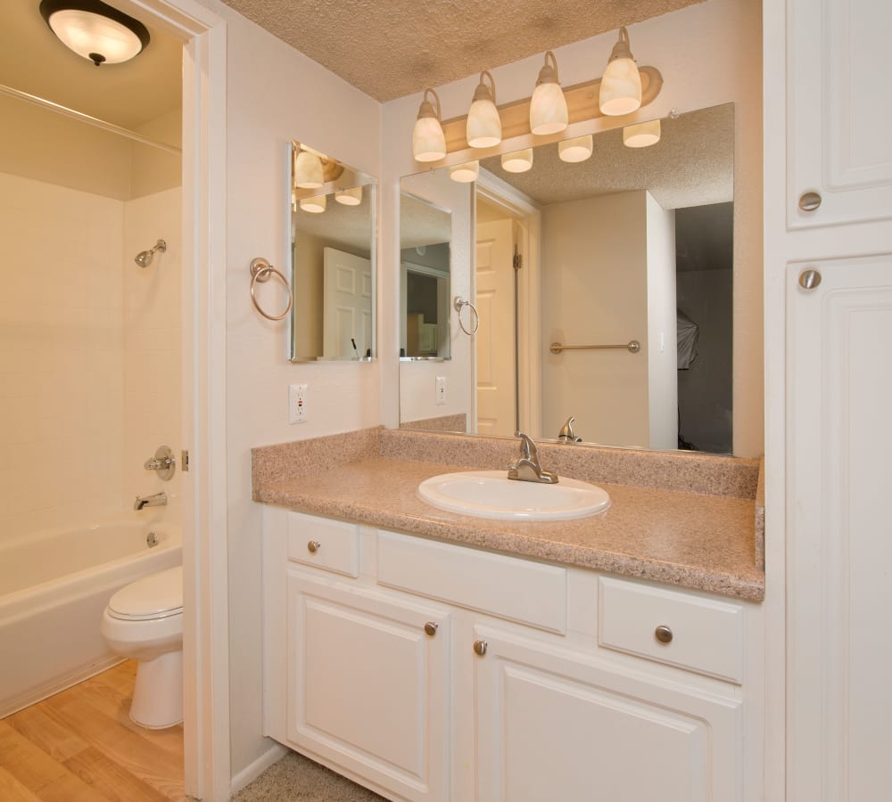 The master bathroom of a standard apartment at La Valencia Apartment Homes in Campbell, California