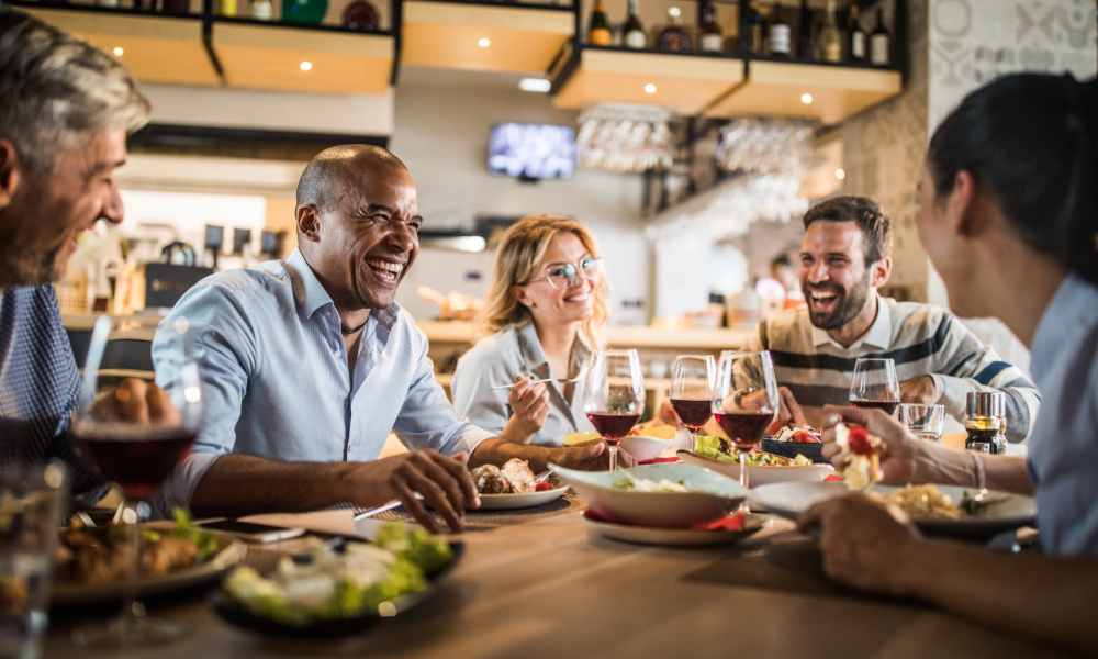 Residents family having dinner near Crown Villa Apartments in Savannah, Georgia
