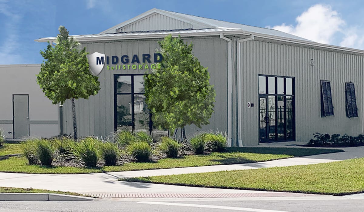 Outside of the office at Midgard Self Storage in Jacksonville, Florida