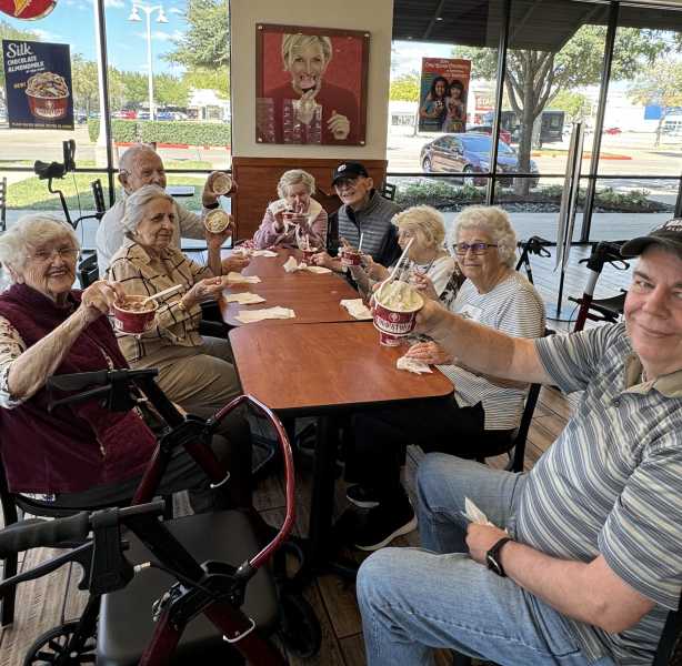 Sweet moments at The Landing at Frisco! Residents enjoy an ice cream outing, sharing smiles, laughter, and delicious treats.