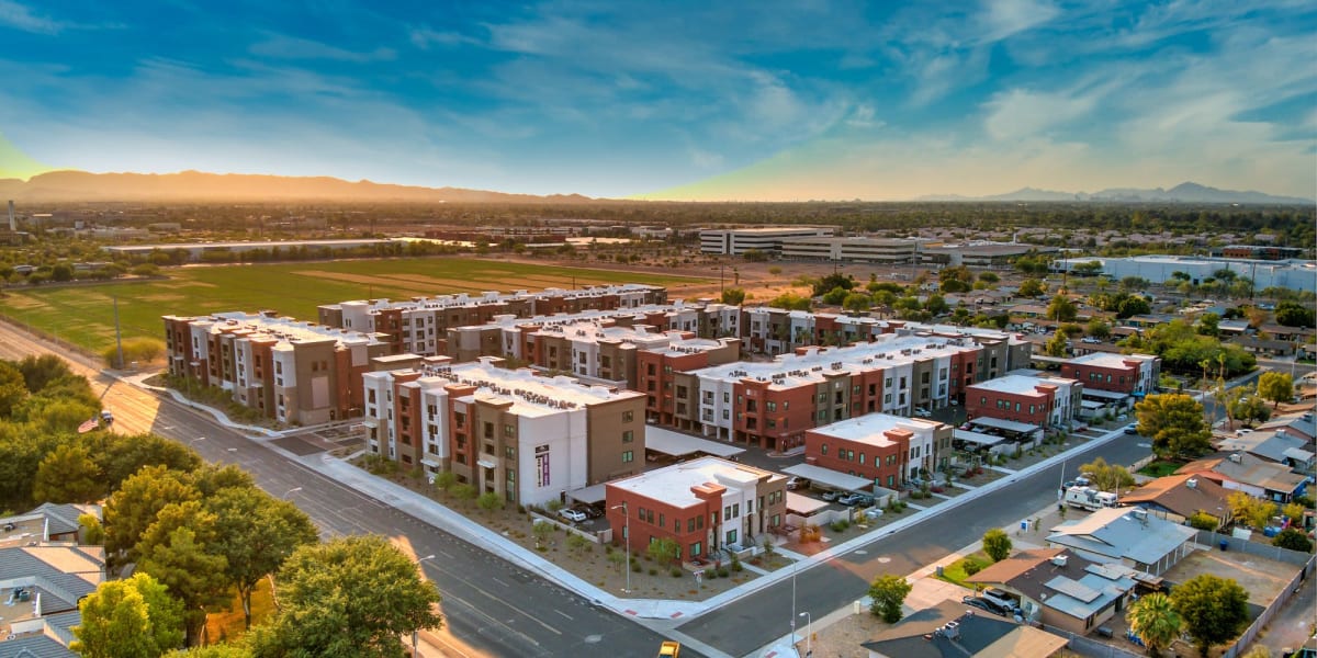 Drone shot of the community at Marquis at Chandler in Chandler, Arizona