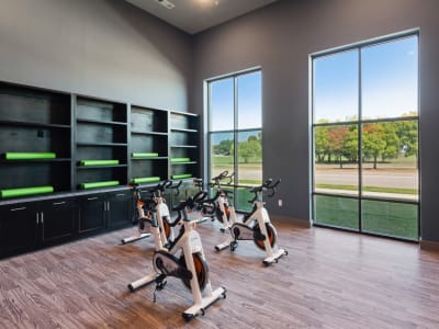Fitness area with exercise bikes at Discovery Park in Denton, Texas