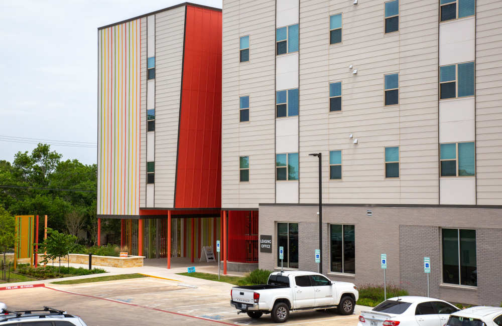 Building exterior at Parker Lane Apartments in Austin, Texas, 