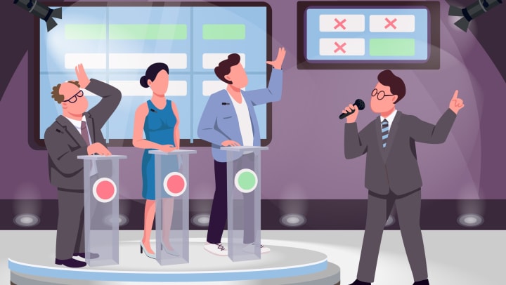 An illustration with a game host and three contestants with a stage in the background