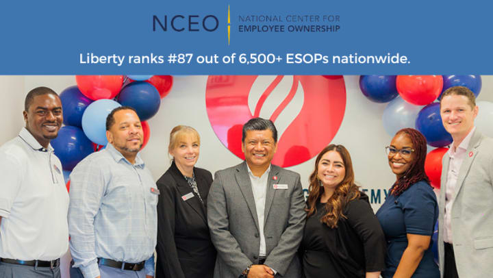 Image of Liberty Military team members standing in front of Liberty Military red flame logo with a balloon arch in the background with a graphic header that has the NECO logo and text that reads "Liberty ranks #87 out of 6,500+ ESOPs nationwide"