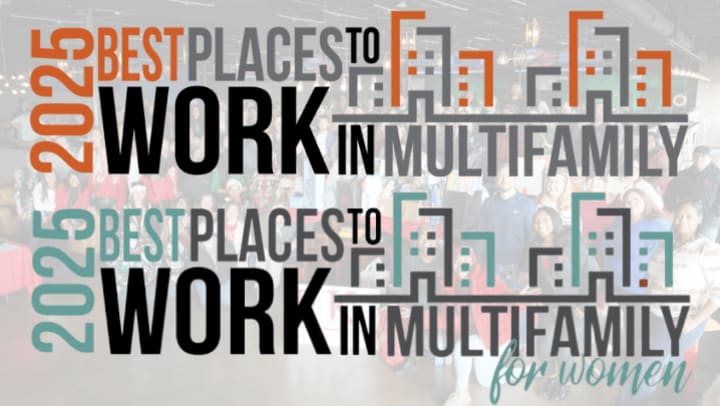 Two colorful logos for the 2025 Best Places to Work in Multifamily® Program. The first logo reads “2025 Best Places to Work in Multifamily®” in bold black and orange text with a design of multi-story buildings. The second logo reads “2025 Best Places to Work in Multifamily® for Women” in similar bold text, featuring teal accents and the word “for Women” in a script font. A blurred background of a team gathering adds a celebratory tone to the image.