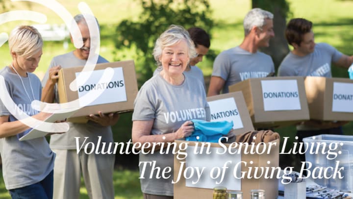 Seniors volunteering outside, carrying donation boxes