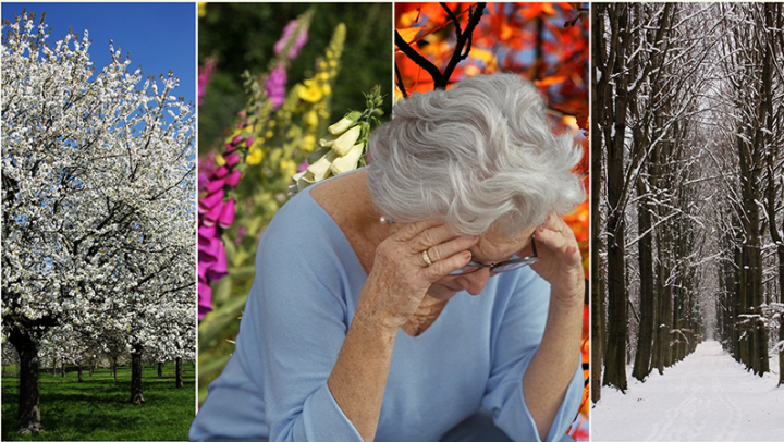 Senior woman hunched over distressed with images of changing seasons behind her