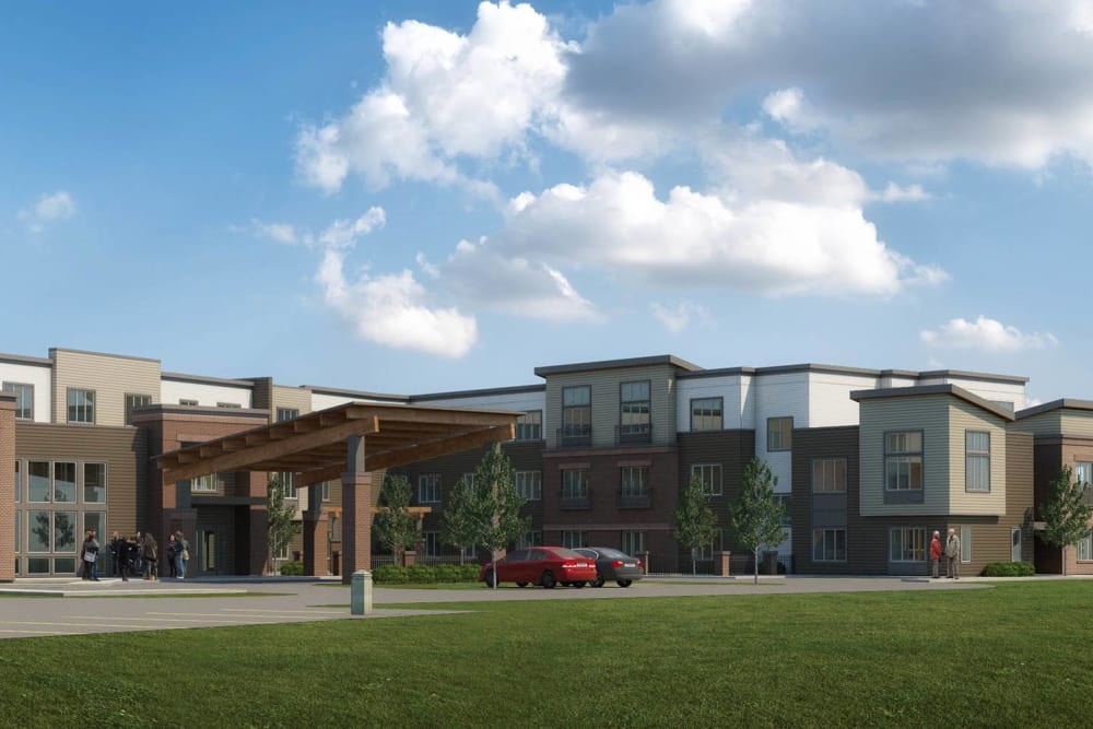 A rendering of the front entrance with cars parked in the front at Guelph Lake Commons in Guelph, Ontario